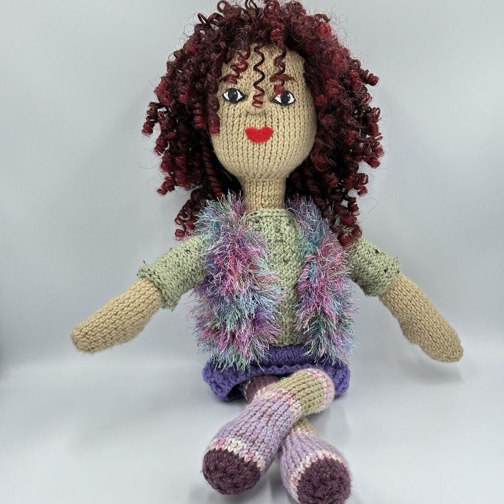 Handmade Knitted Doll 25” Plush Toy Frizzy Curly Burgundy Hair Purple Skirt OOAK